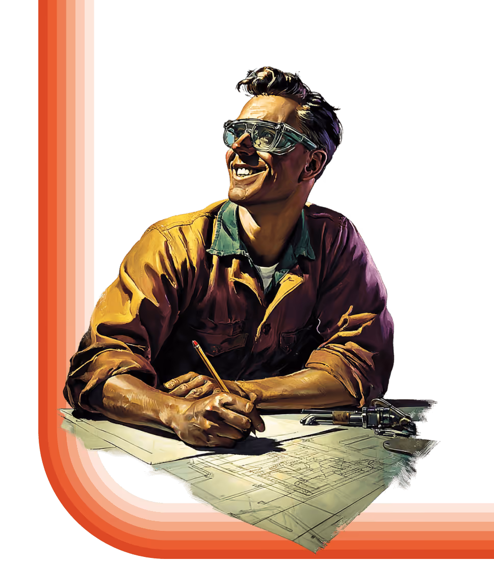 Smiling man wearing protective glasses sketches on blueprints with tools nearby.
