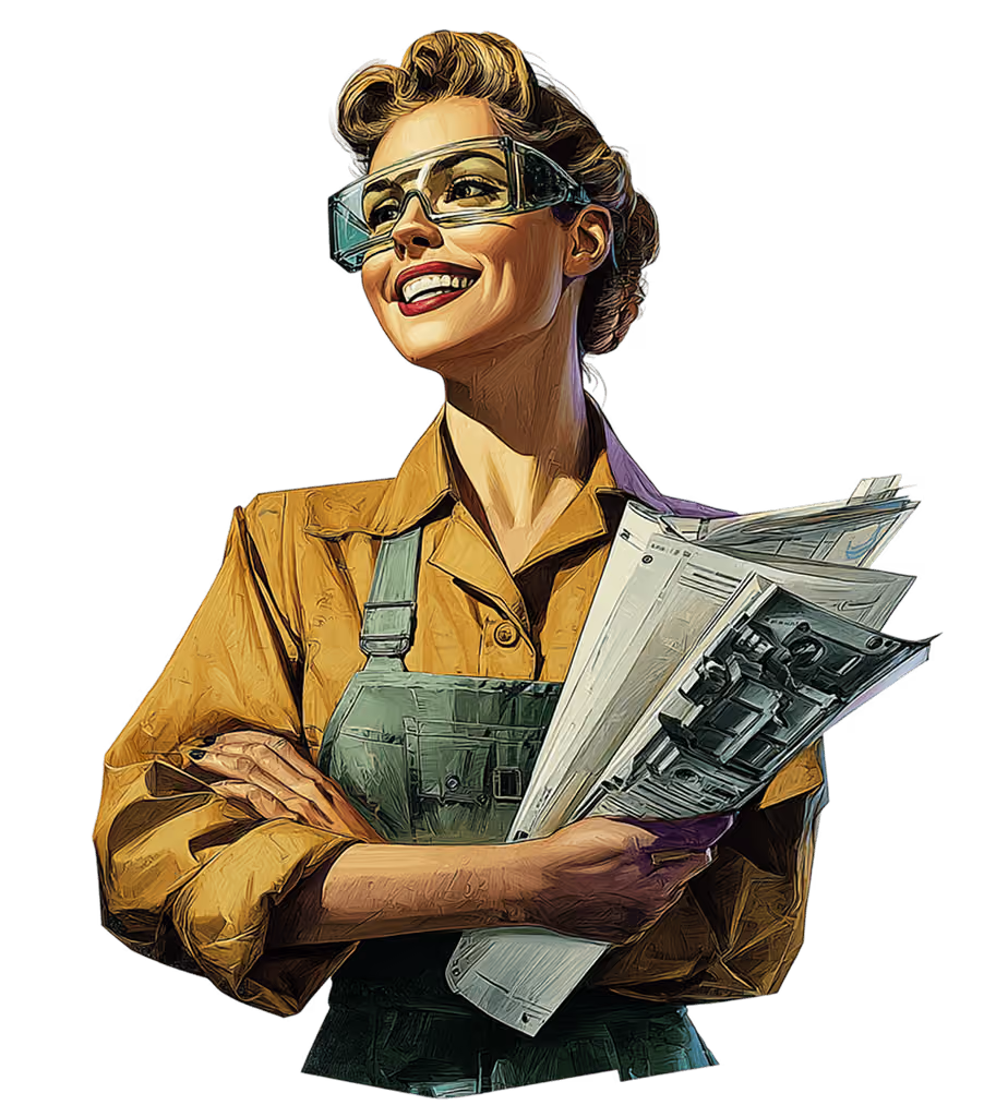 Smiling woman in protective glasses and workwear holding rolled architectural blueprints.