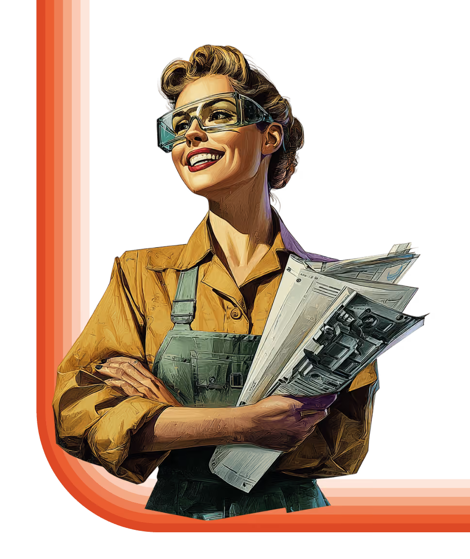 Smiling woman in safety glasses and work apron holding blueprints with arms crossed.