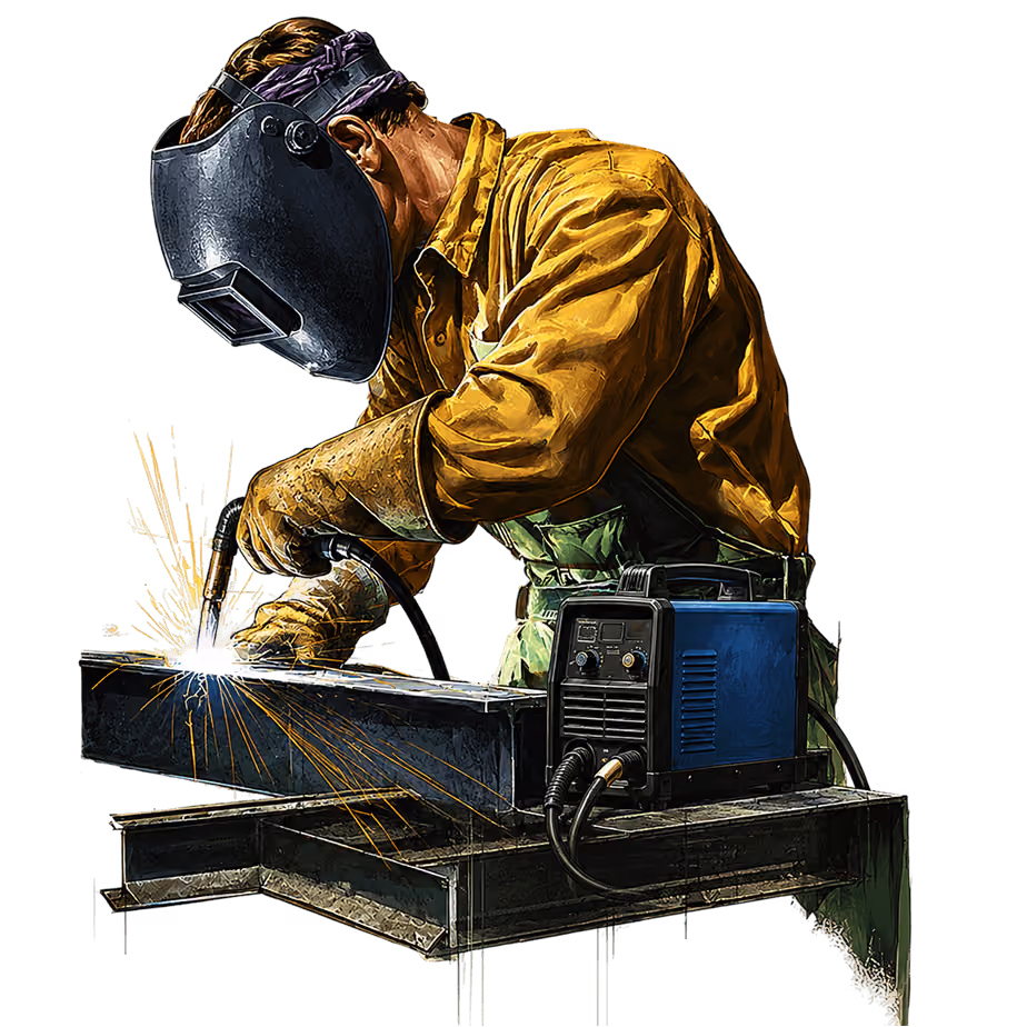 Welder in protective gear welding metal with sparks flying from the welding torch.