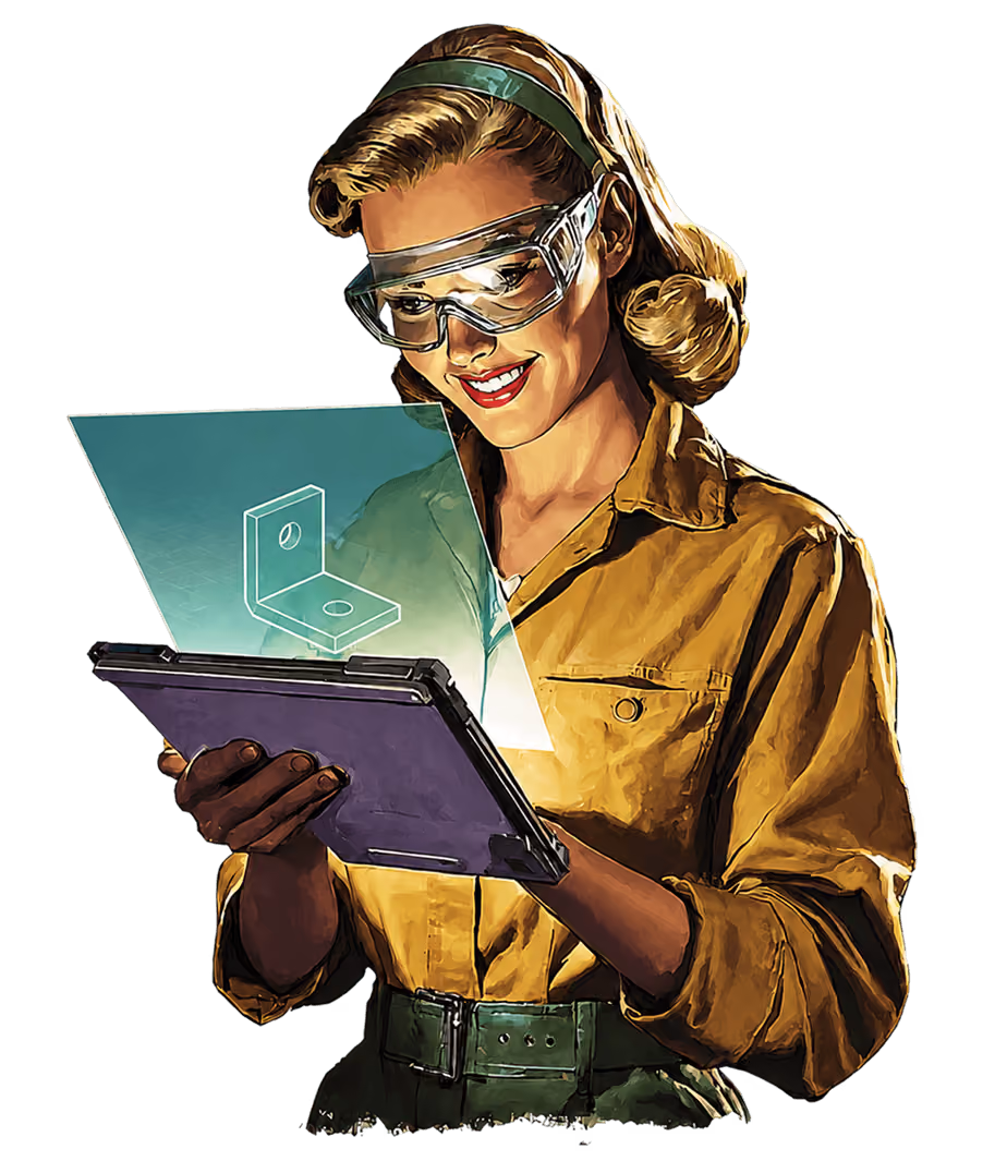 Woman wearing safety glasses smiling while holding a tablet projecting a 3D mechanical drawing.