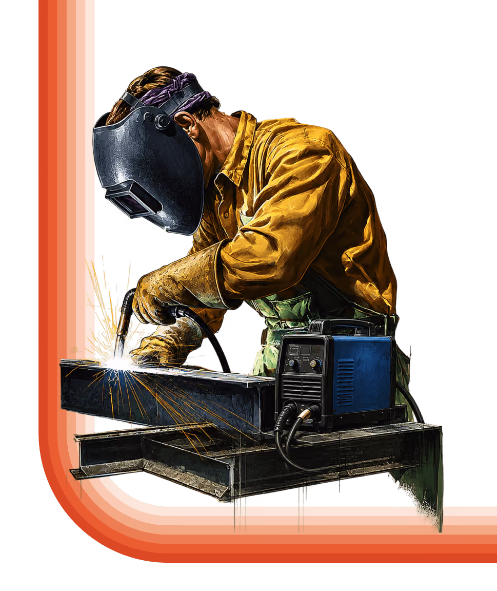 Worker in protective gear welding metal beams with sparks flying.