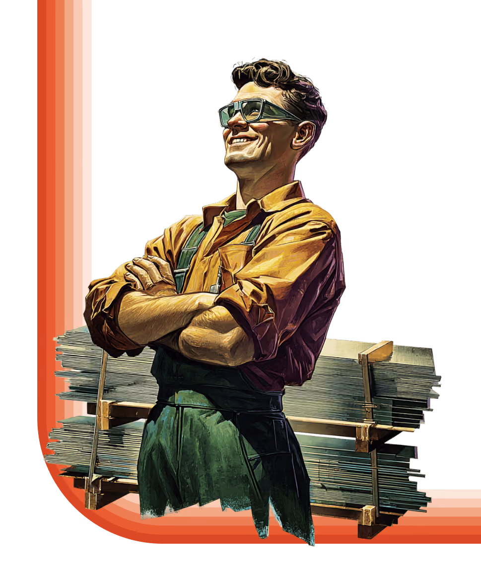Confident worker in green apron and orange shirt standing with arms crossed near stacked metal sheets.