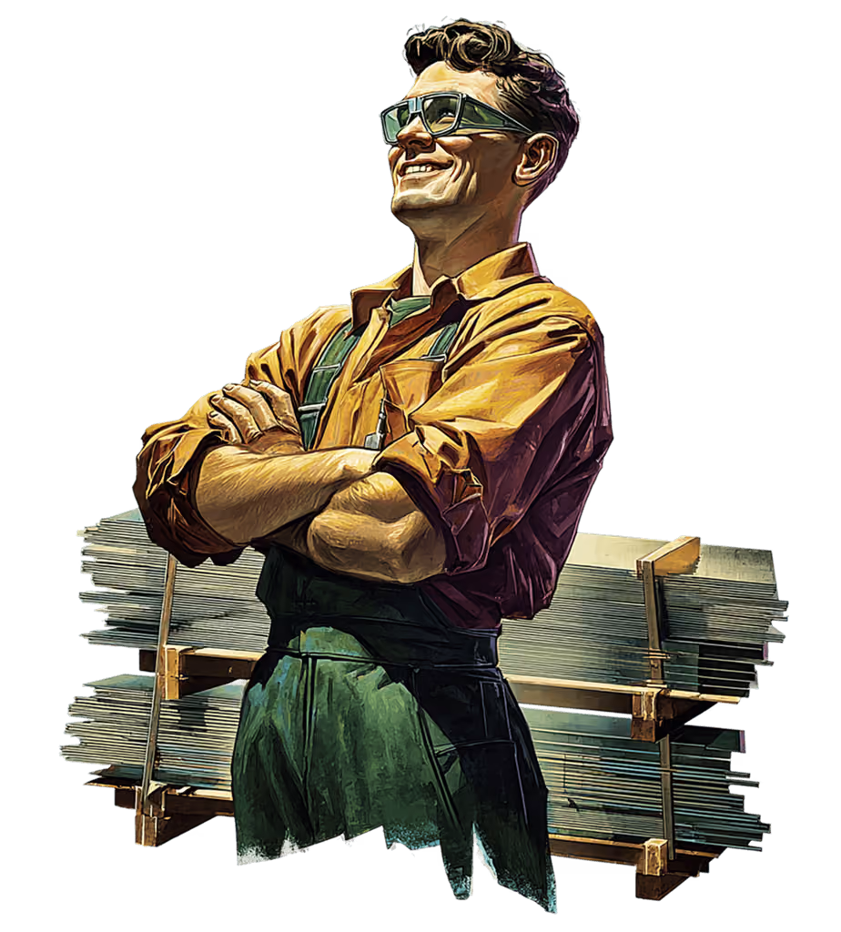 Confident man in green apron and orange shirt smiles with arms crossed, standing in front of stacked metal sheets.