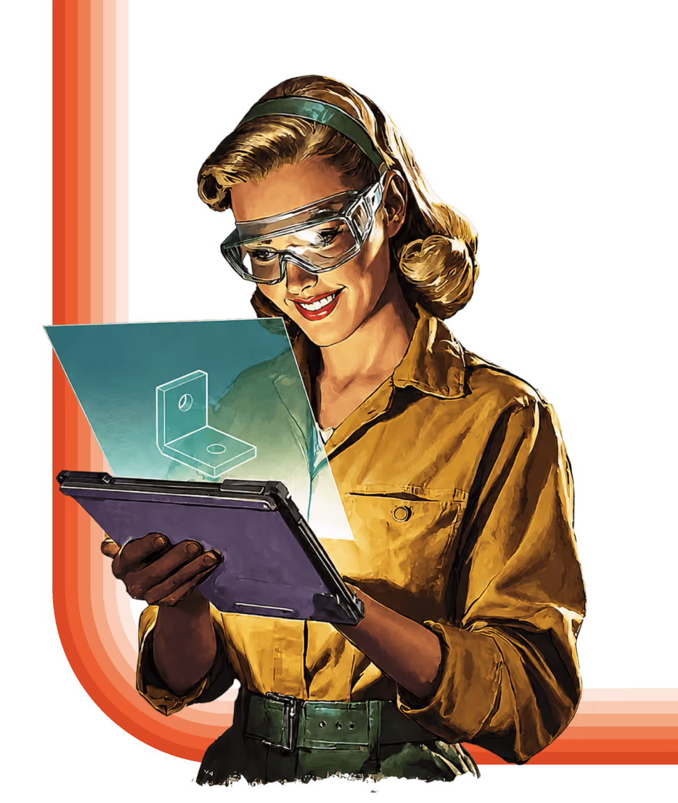 Woman in safety goggles and work clothes viewing a digital 3D blueprint from a tablet.
