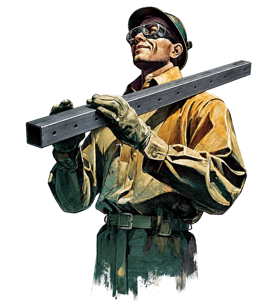 Illustration of a worker in protective gear holding a metal beam on his shoulder.