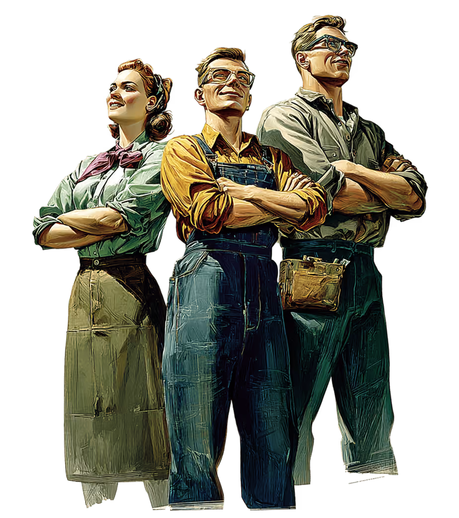 Illustration of three confident workers standing side by side with arms crossed, wearing vintage-style work clothes and glasses, looking upward and to the side.