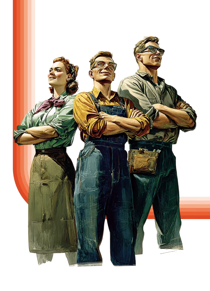 Illustration of three confident workers standing with arms crossed; a woman in a green blouse with a purple scarf, a man in yellow shirt and denim overalls, and a man in a grey shirt with a tool belt.
