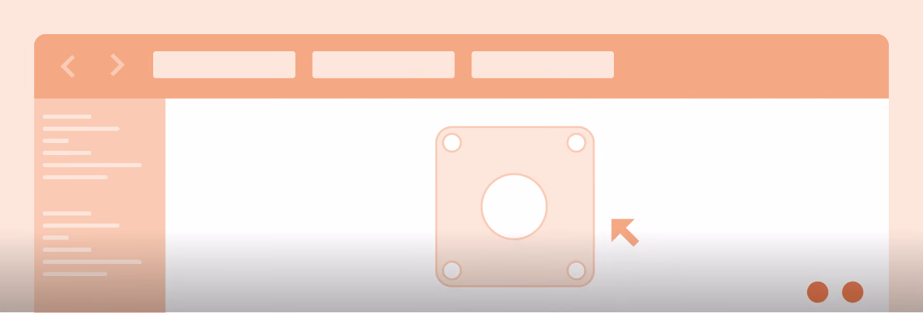 Browser window interface with navigation arrows and three rectangular input fields at the top, a sidebar with multiple horizontal lines on the left, and a central square icon featuring a circular cutout and four corner holes, with a cursor arrow pointing at it.