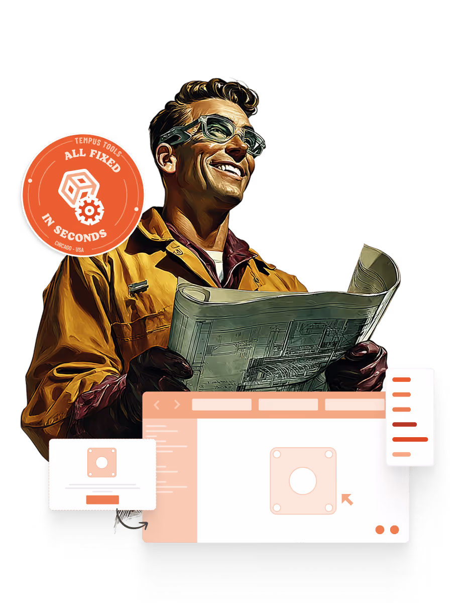 A smiling worker wearing goggles and gloves holds blueprints, surrounded by graphical user interface elements and a badge reading 'Tempus Tools All Fixed In Seconds Chicago - USA'.