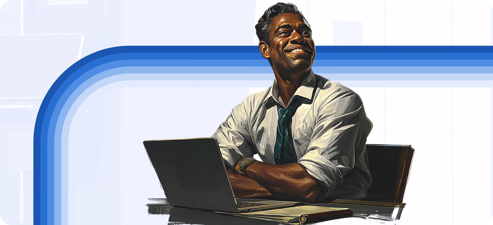 Illustration of a smiling fabrication shop manager with arms crossed behind a laptop, happy with the software choice
