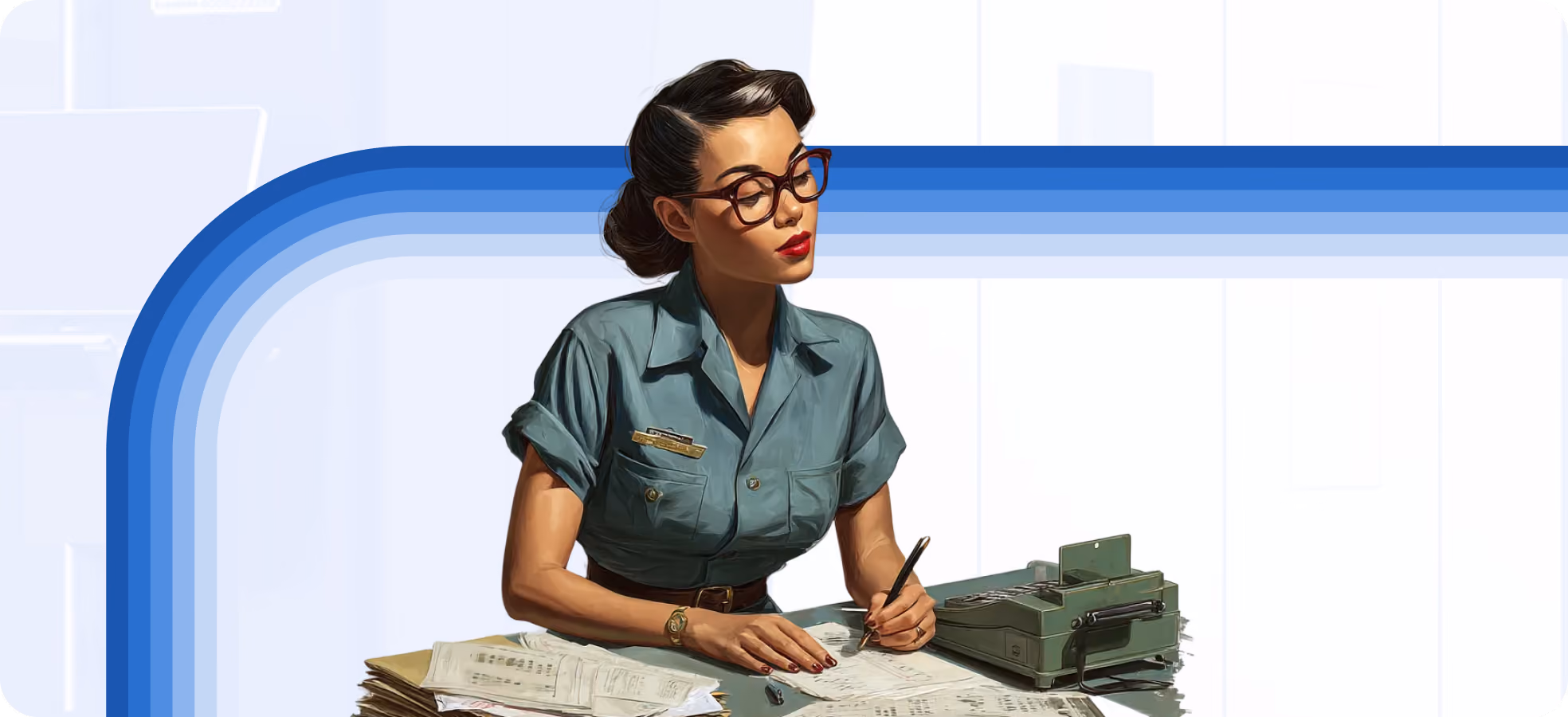 Illustration of a fabrication shop office worker writing up paper quotes by hand at a desk next to a vintage adding machine