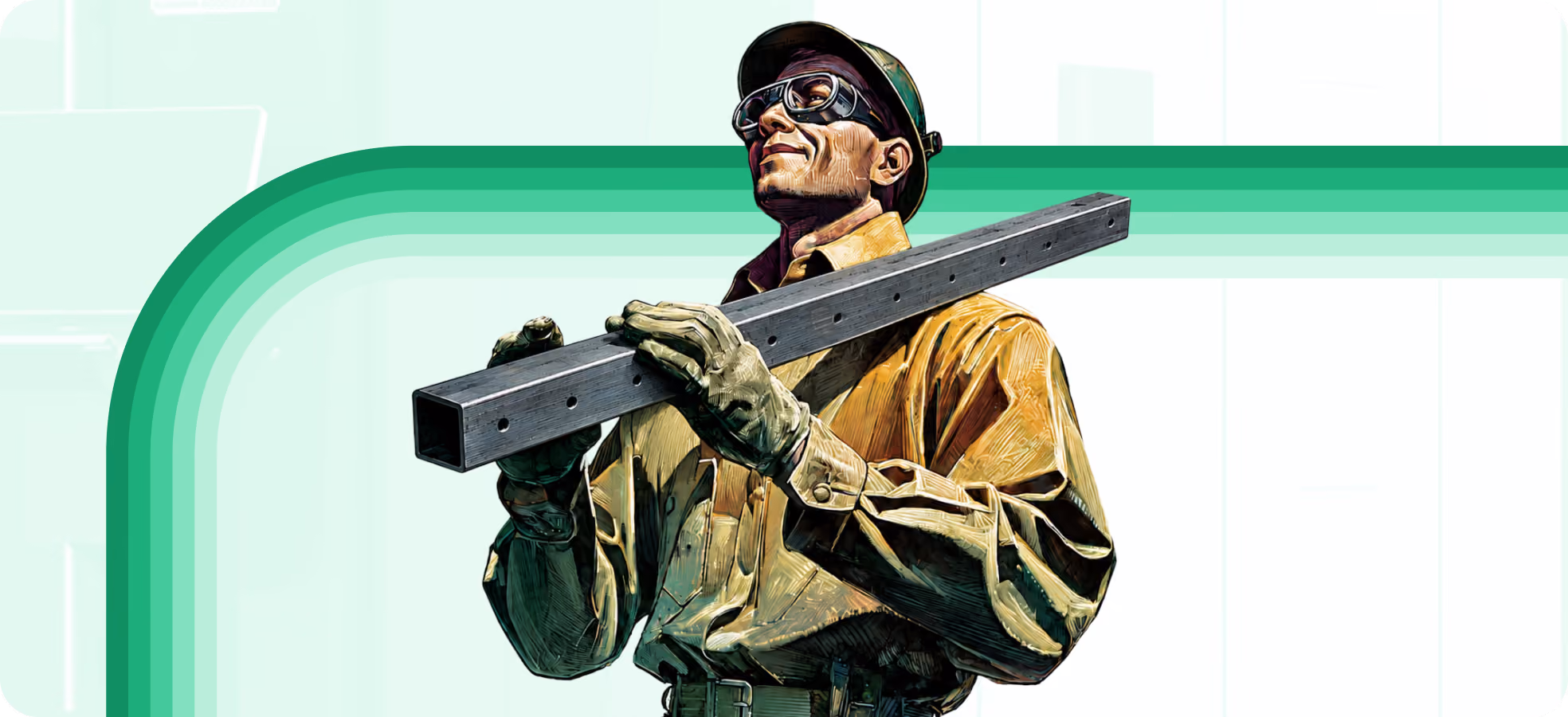 Illustration of a sheet metal fabrication worker in a hard hat and safety goggles carrying a square steel tube on one shoulder