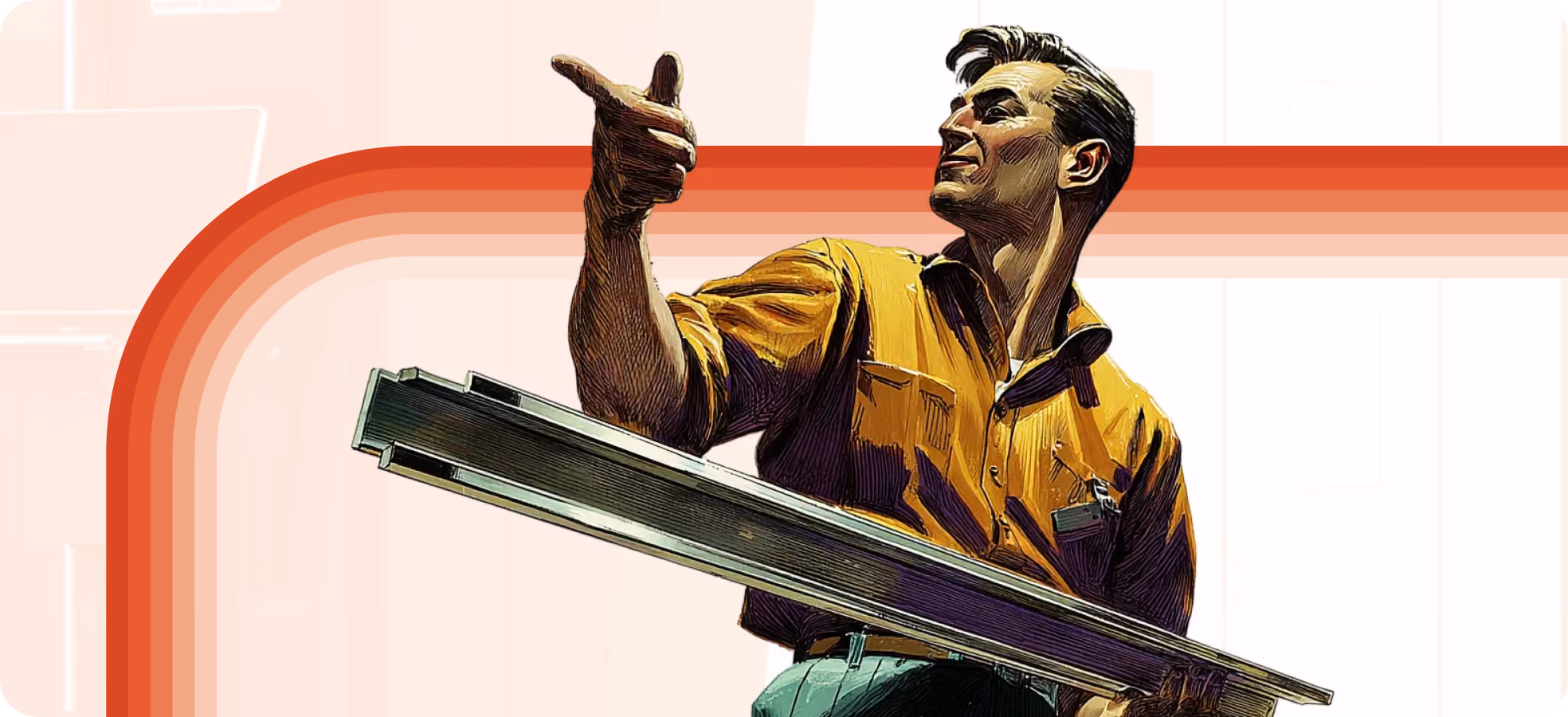 Illustration of a fabrication shop worker carrying a long metal channel under one arm, pointing to where it gets stored