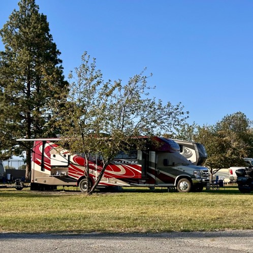Red, beige, and black recreational vehicle parked on grassy area with trees and clear blue sky.