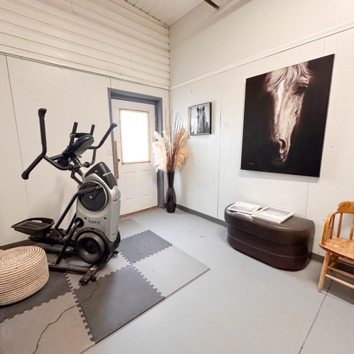 Interior of the facility showing a lounge area with a stationary bike, exit door and large artwork of a horses head. 