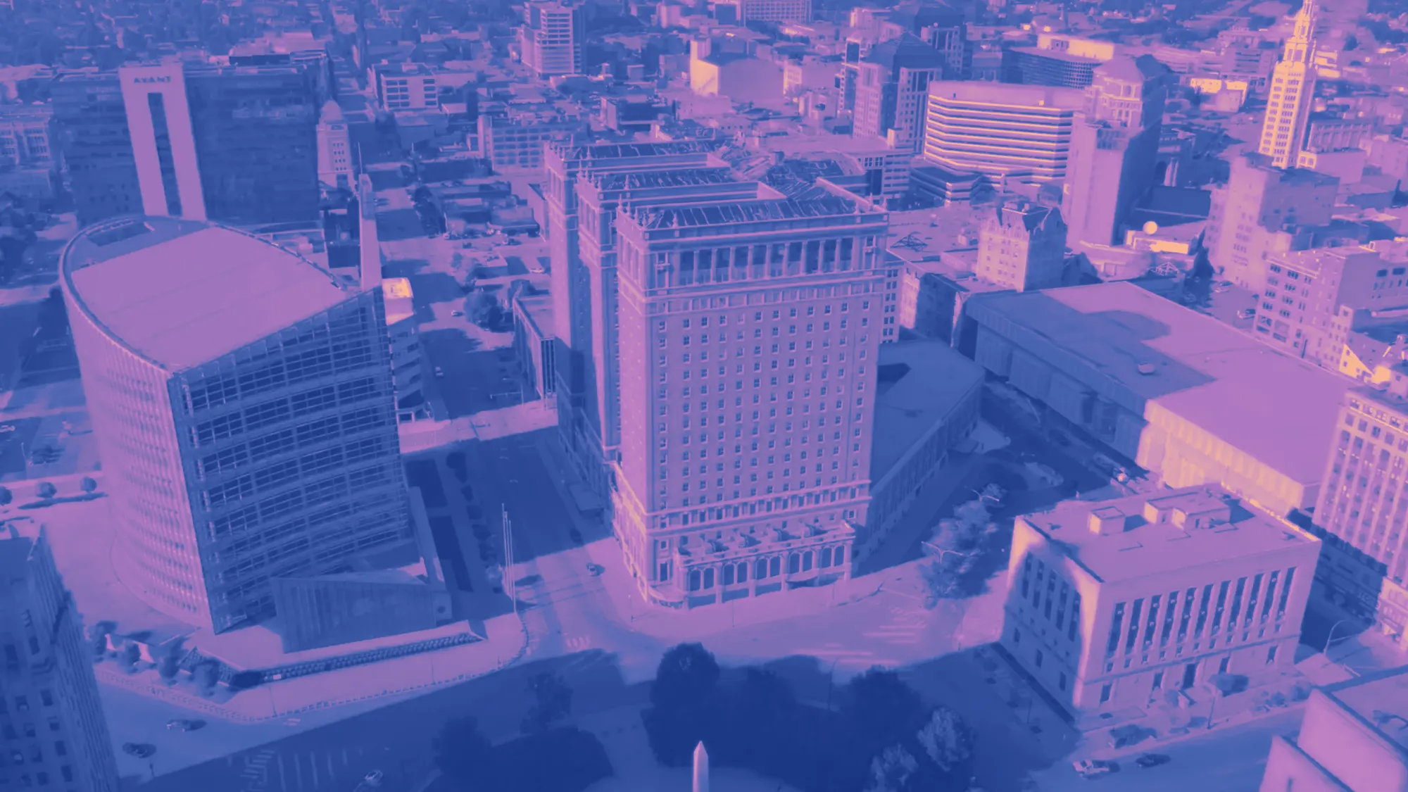 A stylized image of a cityscape.