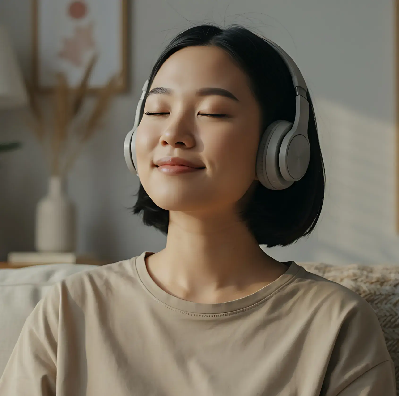 Woman with short black hair wearing beige shirt and gray headphones, eyes closed, enjoying music at home.