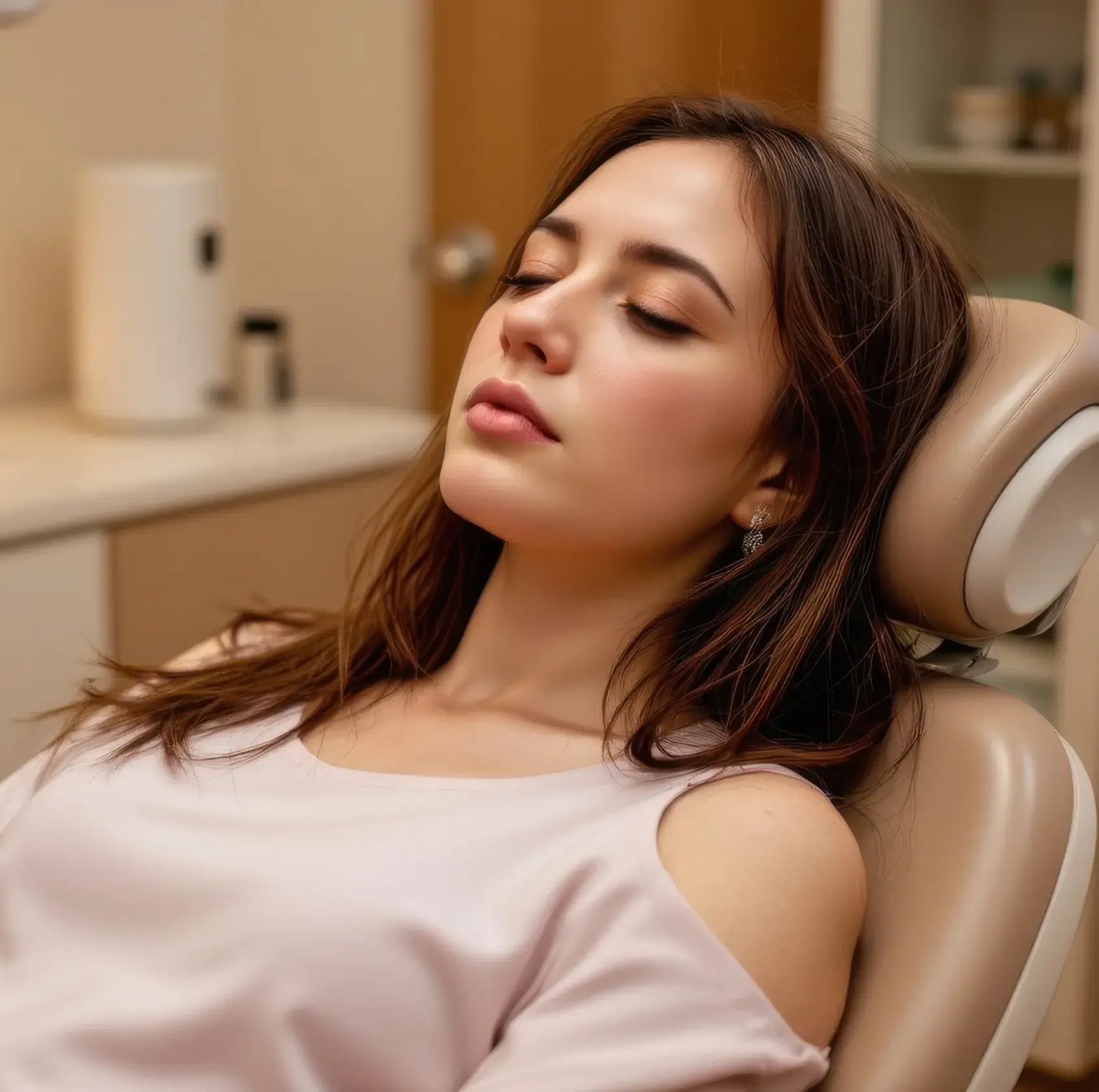 Young woman reclining with eyes closed in a dental or medical chair.