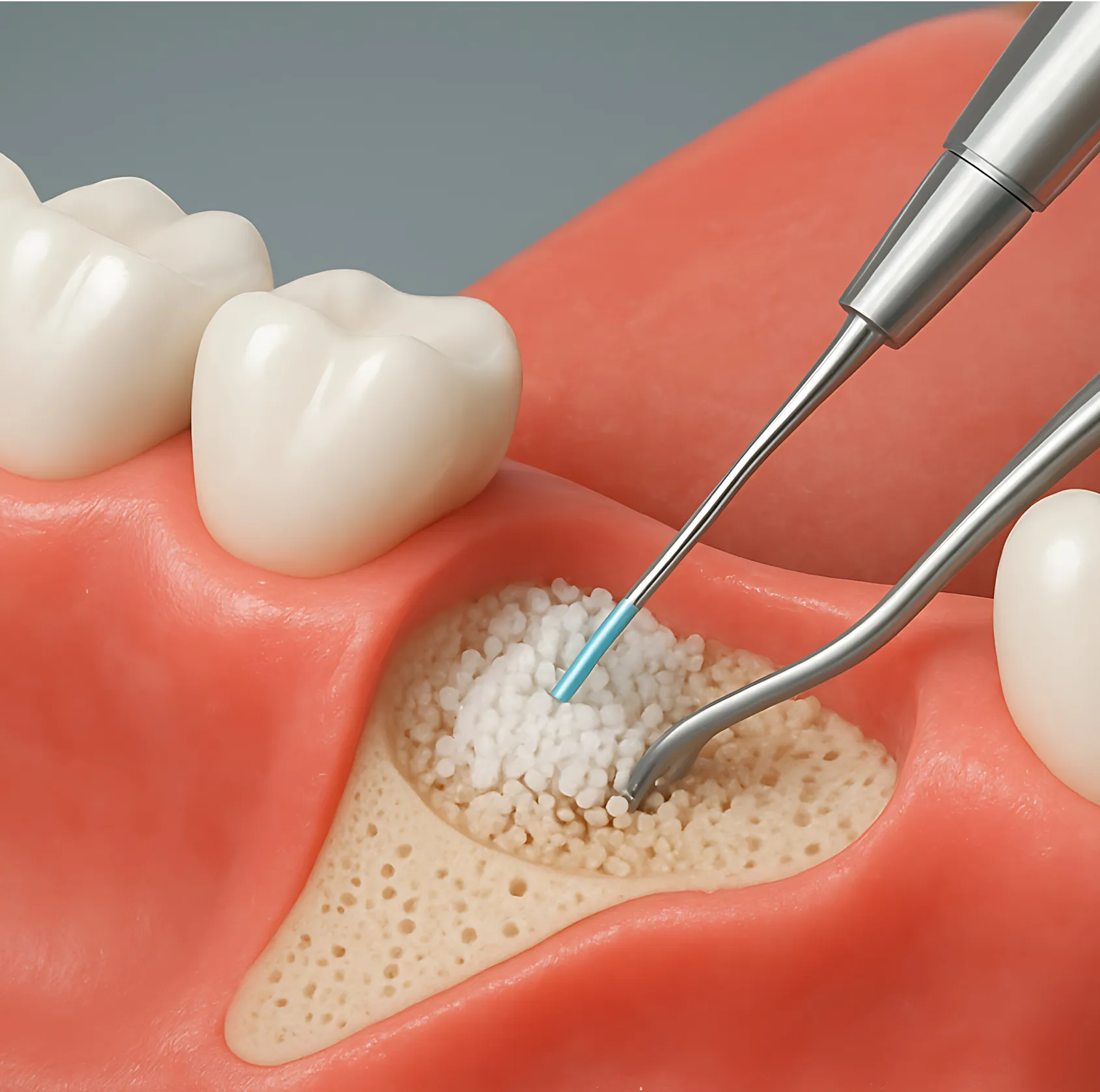 Illustration of dental bone grafting material being placed into a jawbone socket between natural teeth using dental instruments.