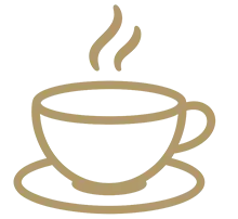 Icon of a steaming cup of coffee on a saucer.