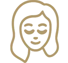 Simple line drawing icon of a woman's face with long hair and glasses.