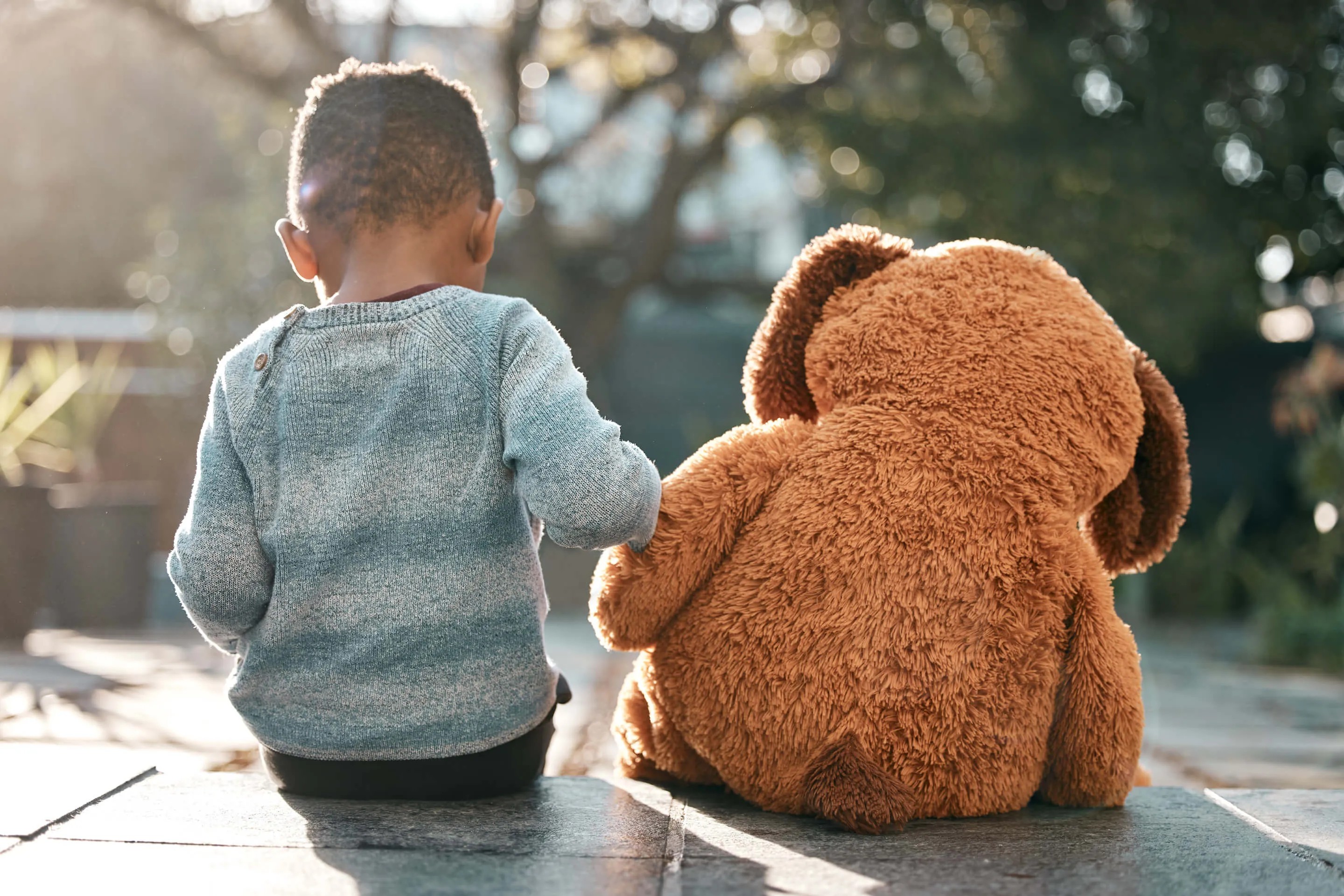 Child with a large teddy bear sitting on a step facing away from the camera.