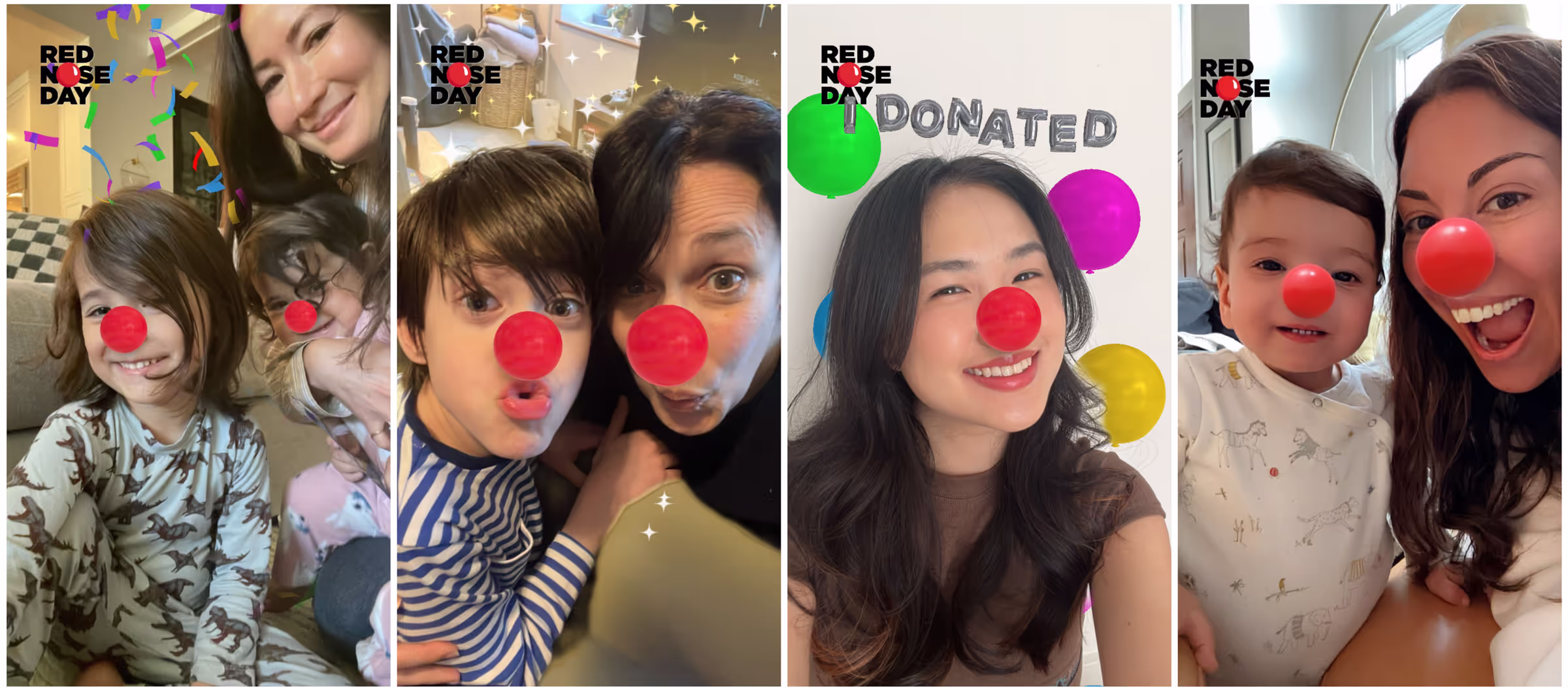 Series of photos with people using the Red Nose Filter.