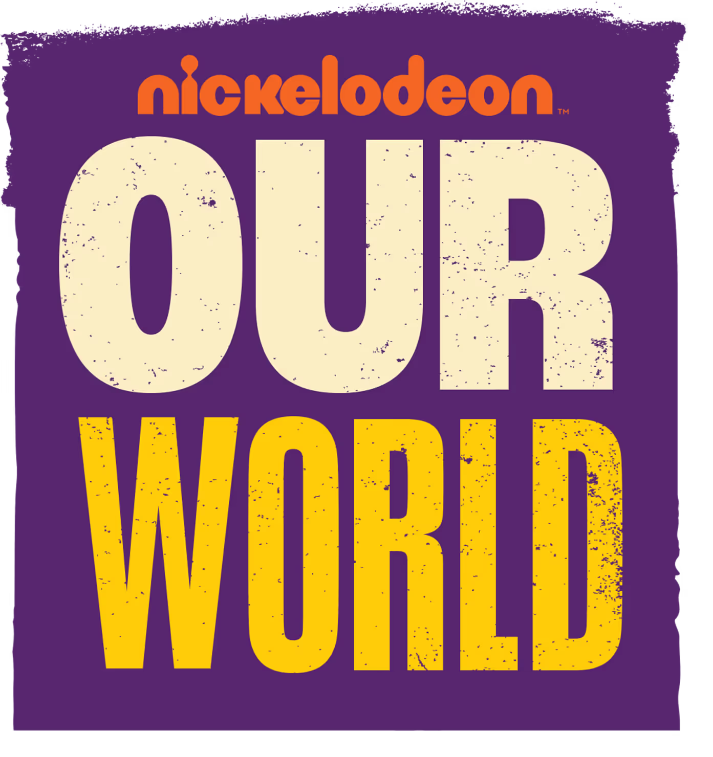 Square Our World logo with distressed yellow text on purple background and orange Nickelodeon logo.