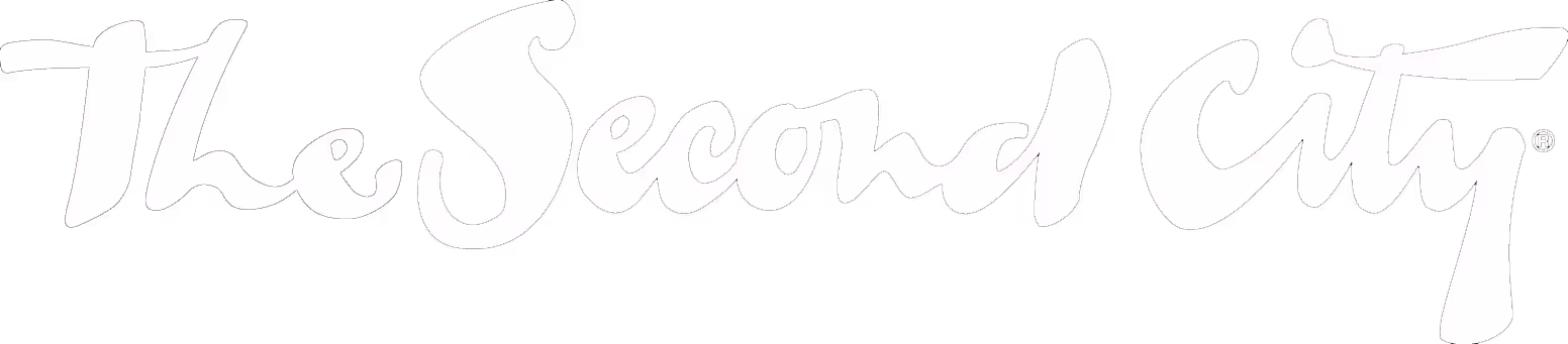 The Second City logo in white scripted text on black background.