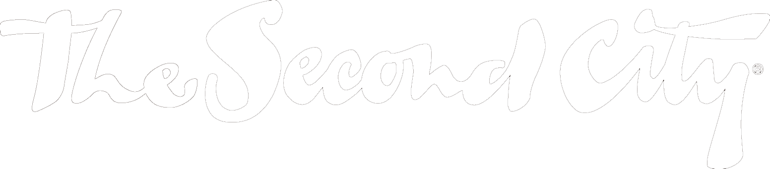 The Second City logo in white scripted text on black background.