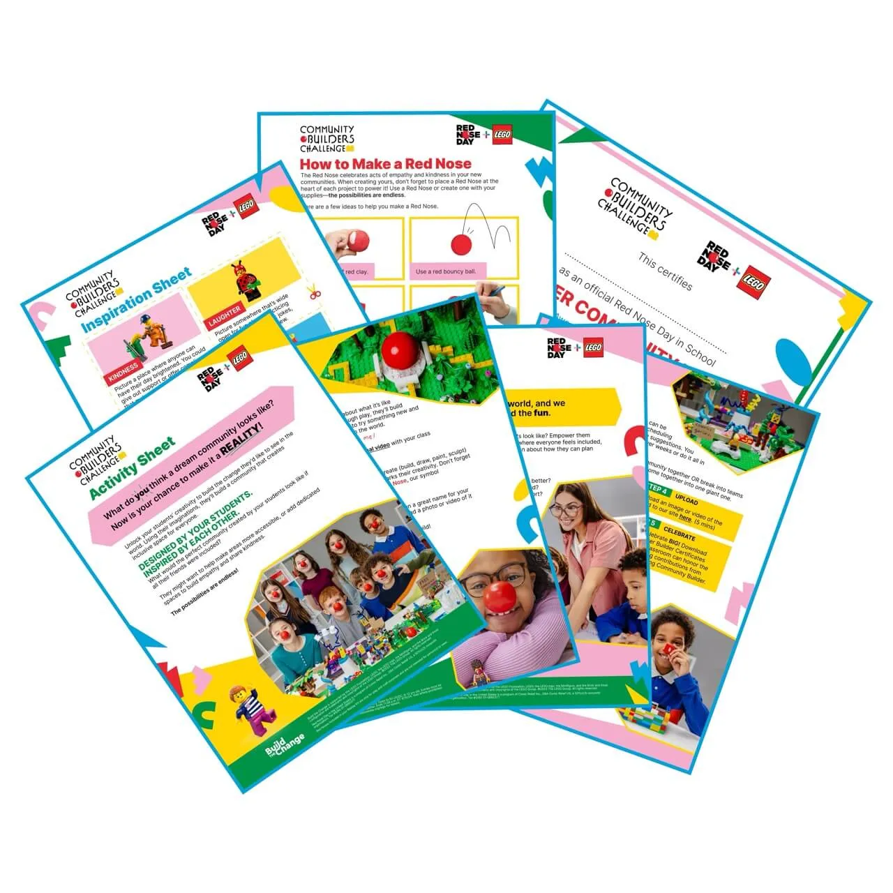 Boy smiling and holding a red square LEGO piece over one eye with a colorful LEGO creation in front of him.