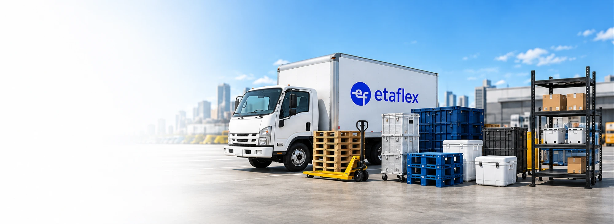 EtaFlex box truck with pallets, pallet jack, containers, coolers and shelving
