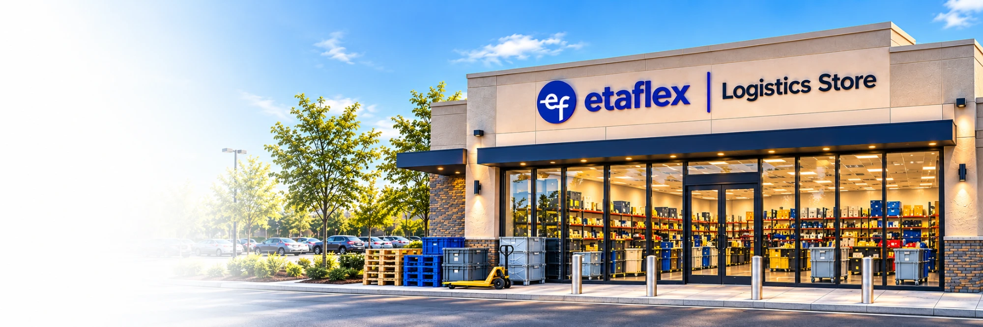EtaFlex Logistics Store front with pallets, bins and a pallet jack