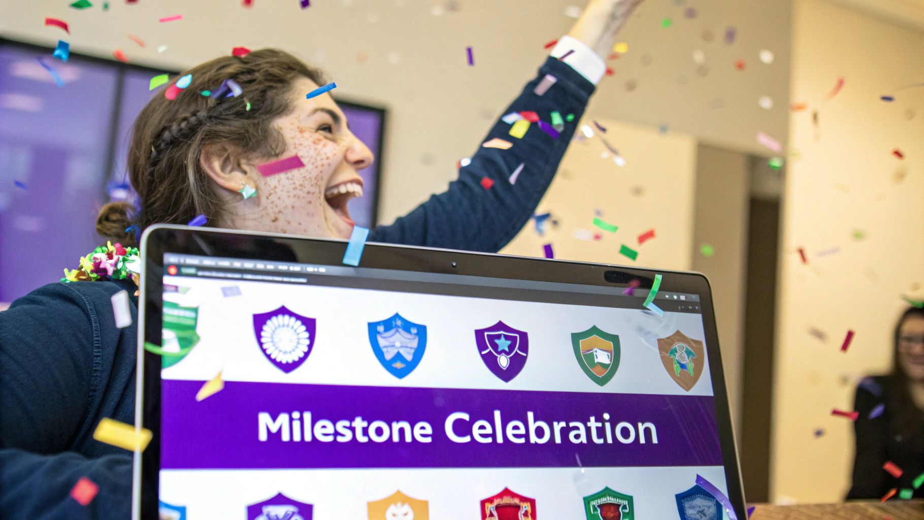 A user receiving a "Goal Achieved!" notification on their phone, surrounded by confetti and celebratory icons.
