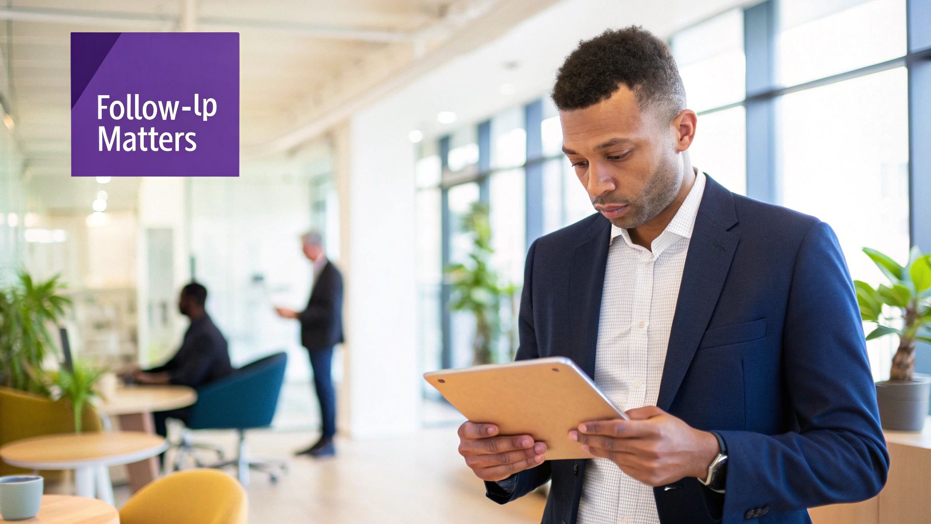 A person looking thoughtfully at a confusing flowchart on a glass wall, representing a flawed follow-up process.