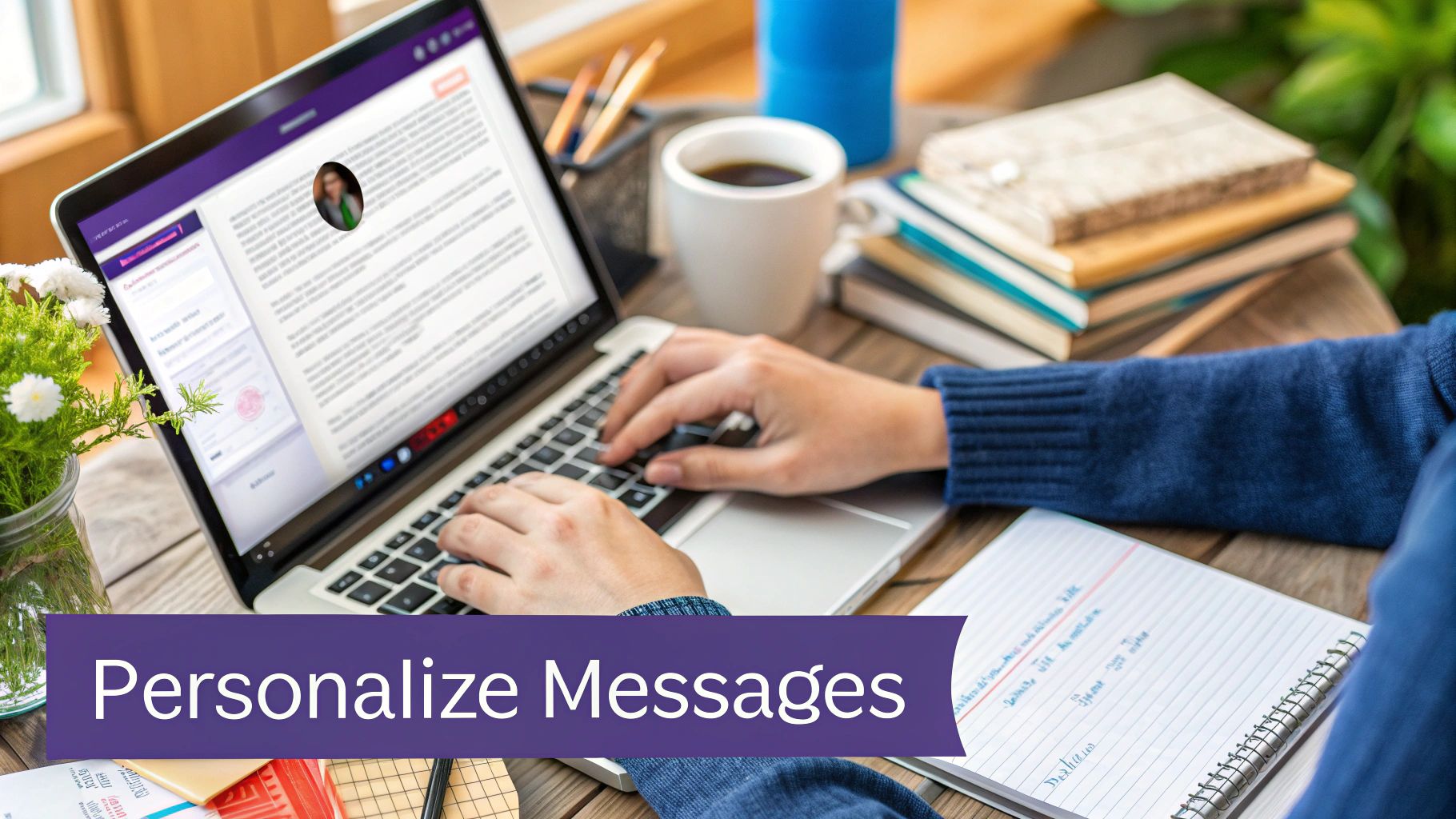 A person typing on a laptop, crafting a thoughtful and personalized follow-up email.