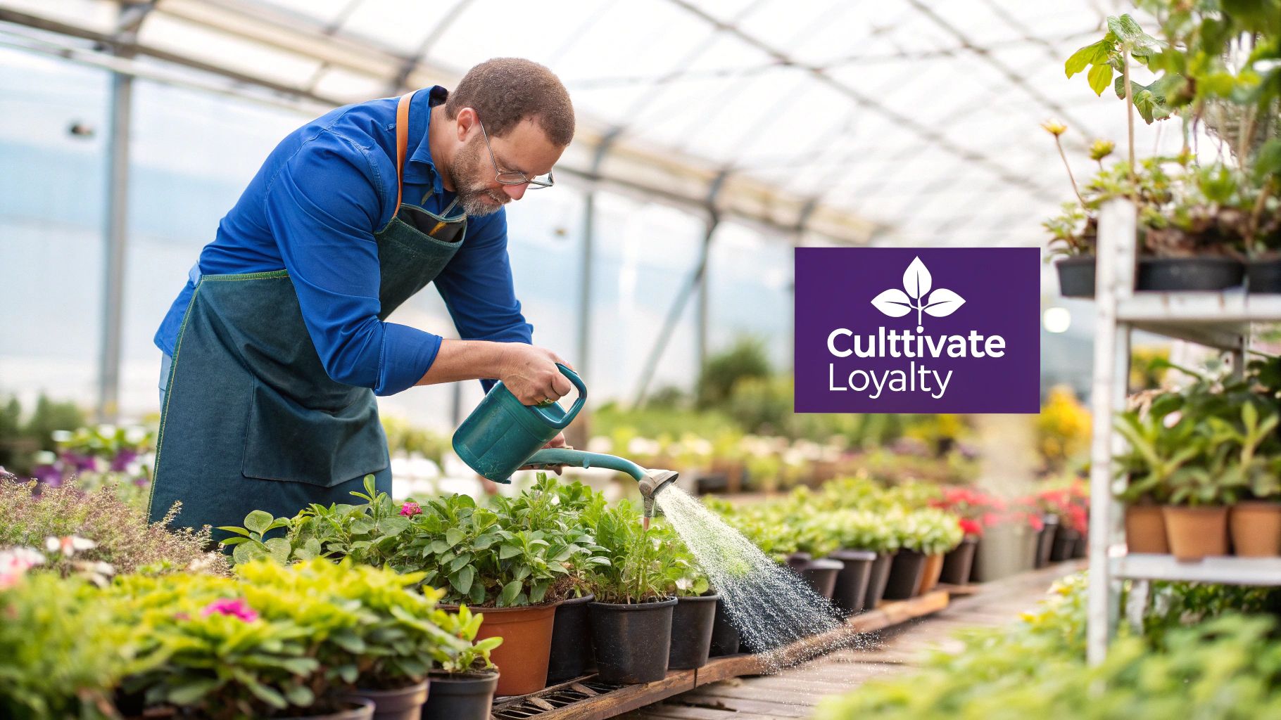 A thriving garden with well-tended plants, symbolizing customer retention, next to a field where a farmer is scattering new seeds, symbolizing customer acquisition.