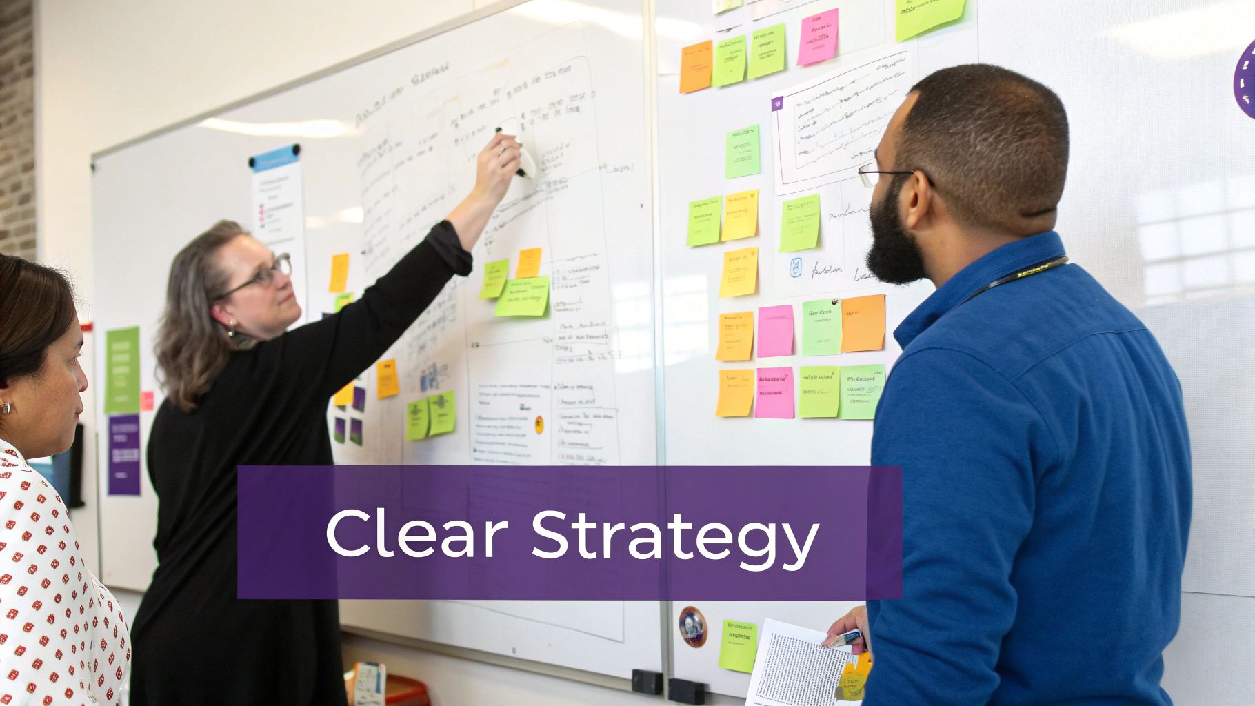 A group of people collaborating on a strategy using sticky notes on a glass wall.