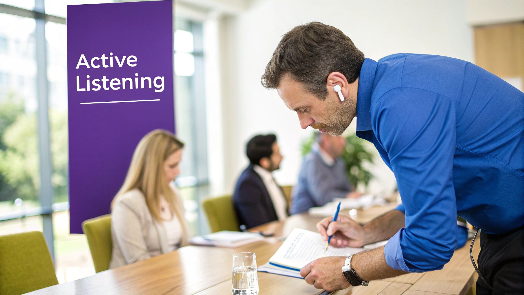 A person attentively listening to a client in a bright, modern office setting, showing empathy.