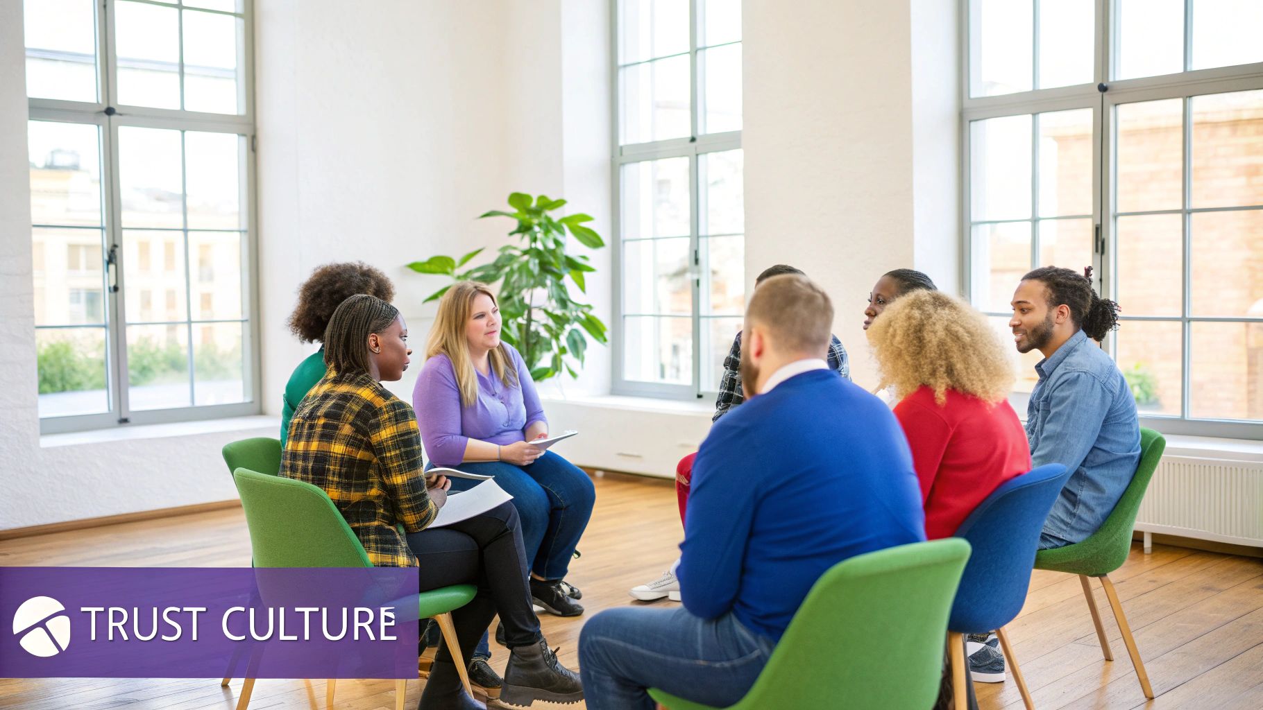A diverse team collaborates in a modern office, focused on a shared project, illustrating a culture of trust and clarity.