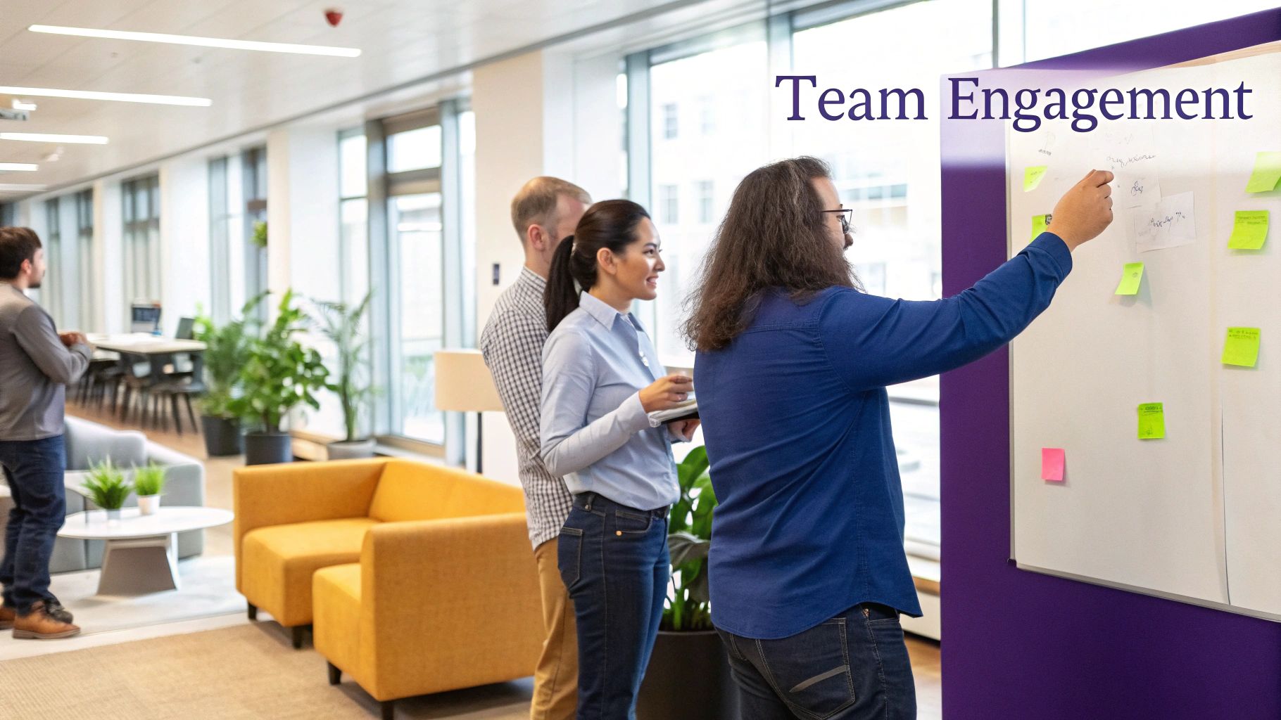A team of professionals collaborating around a table, brainstorming ideas for improving productivity.