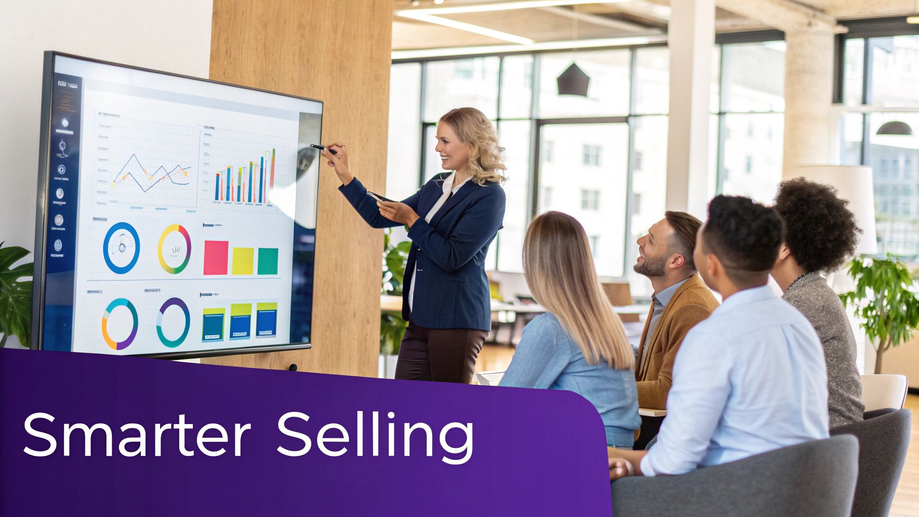 A sales team collaborating around a screen showing analytics and data insights