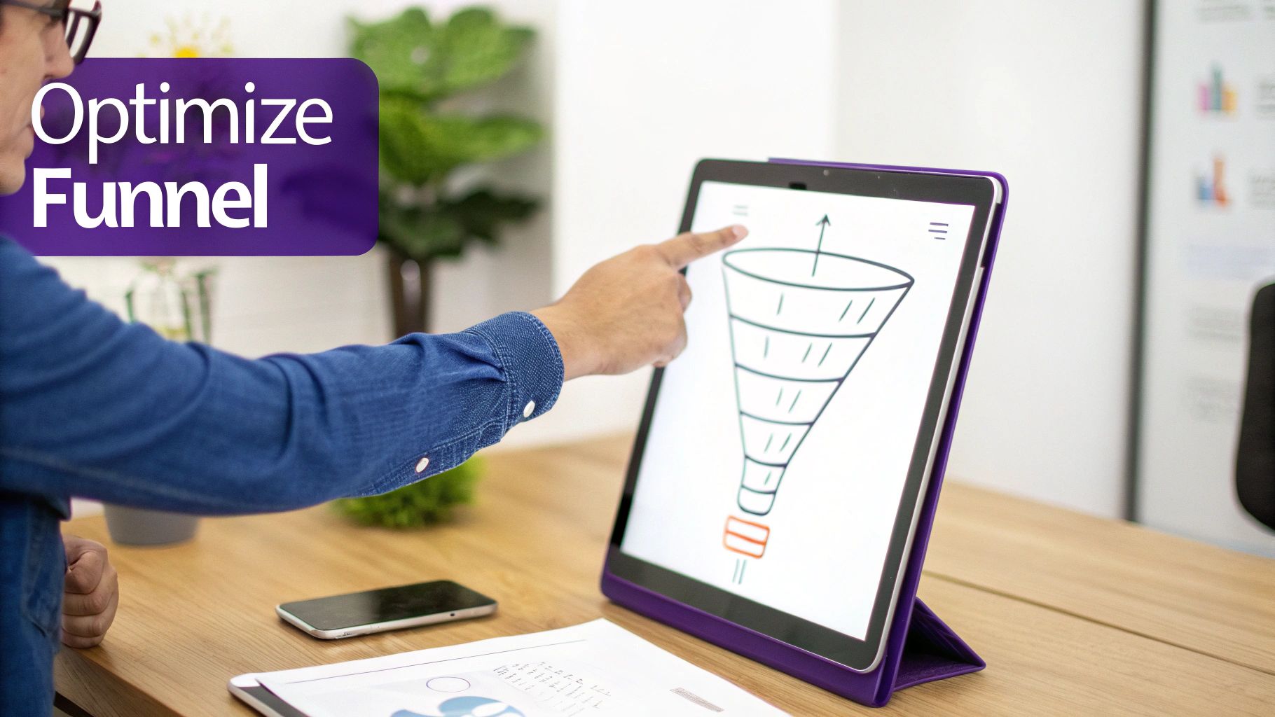 A digital marketing funnel showing different stages like awareness, consideration, and conversion, with icons representing customer touchpoints.