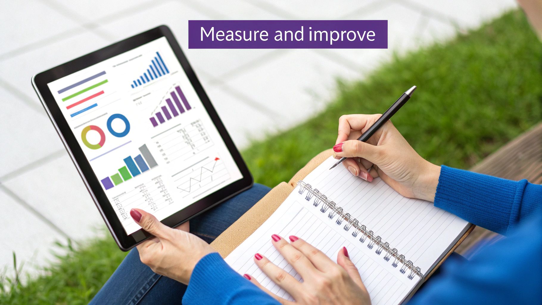A dashboard on a tablet showing various marketing performance charts and graphs.
