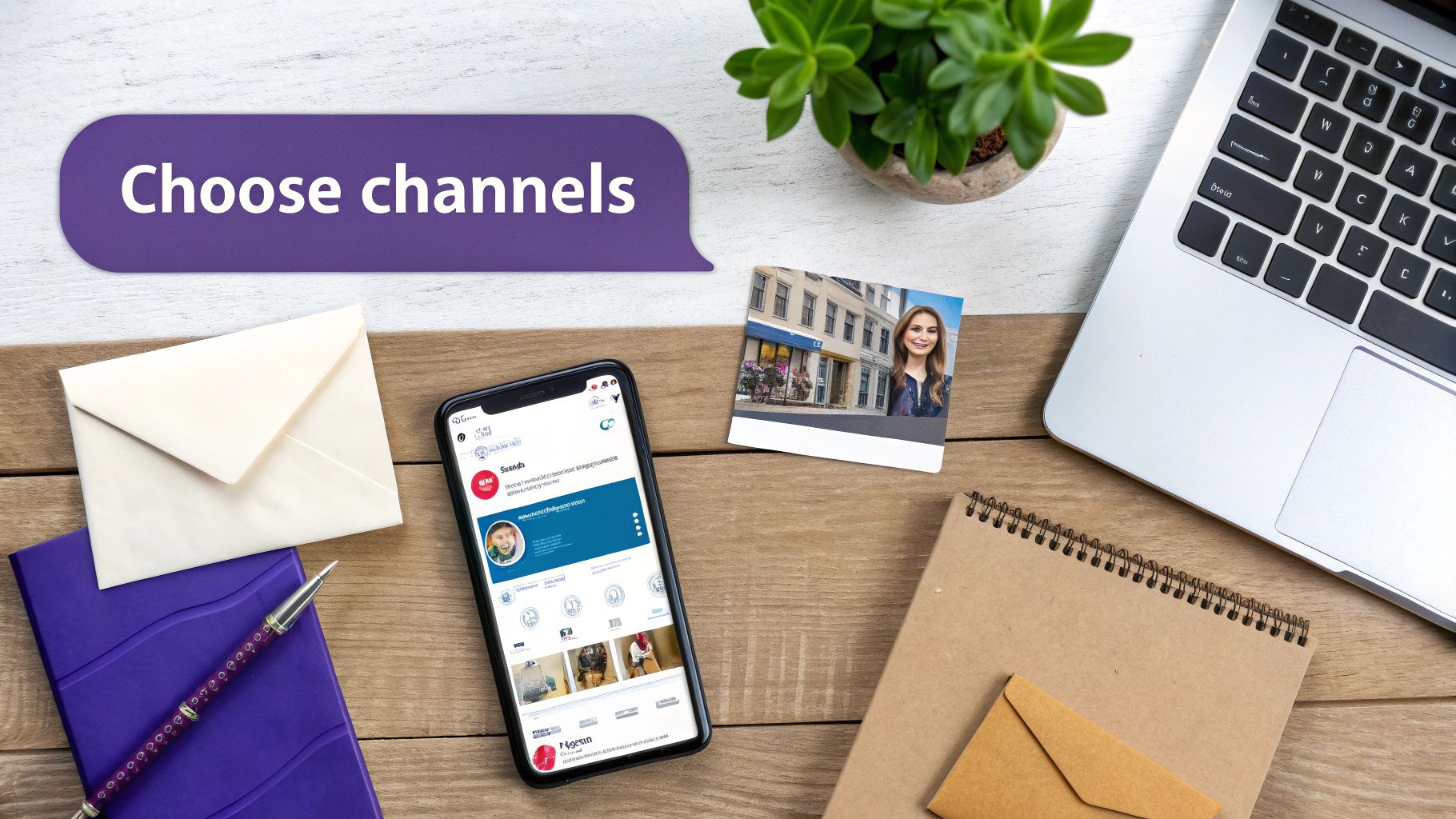 A person using a laptop with various marketing channel icons floating around it, representing choice.