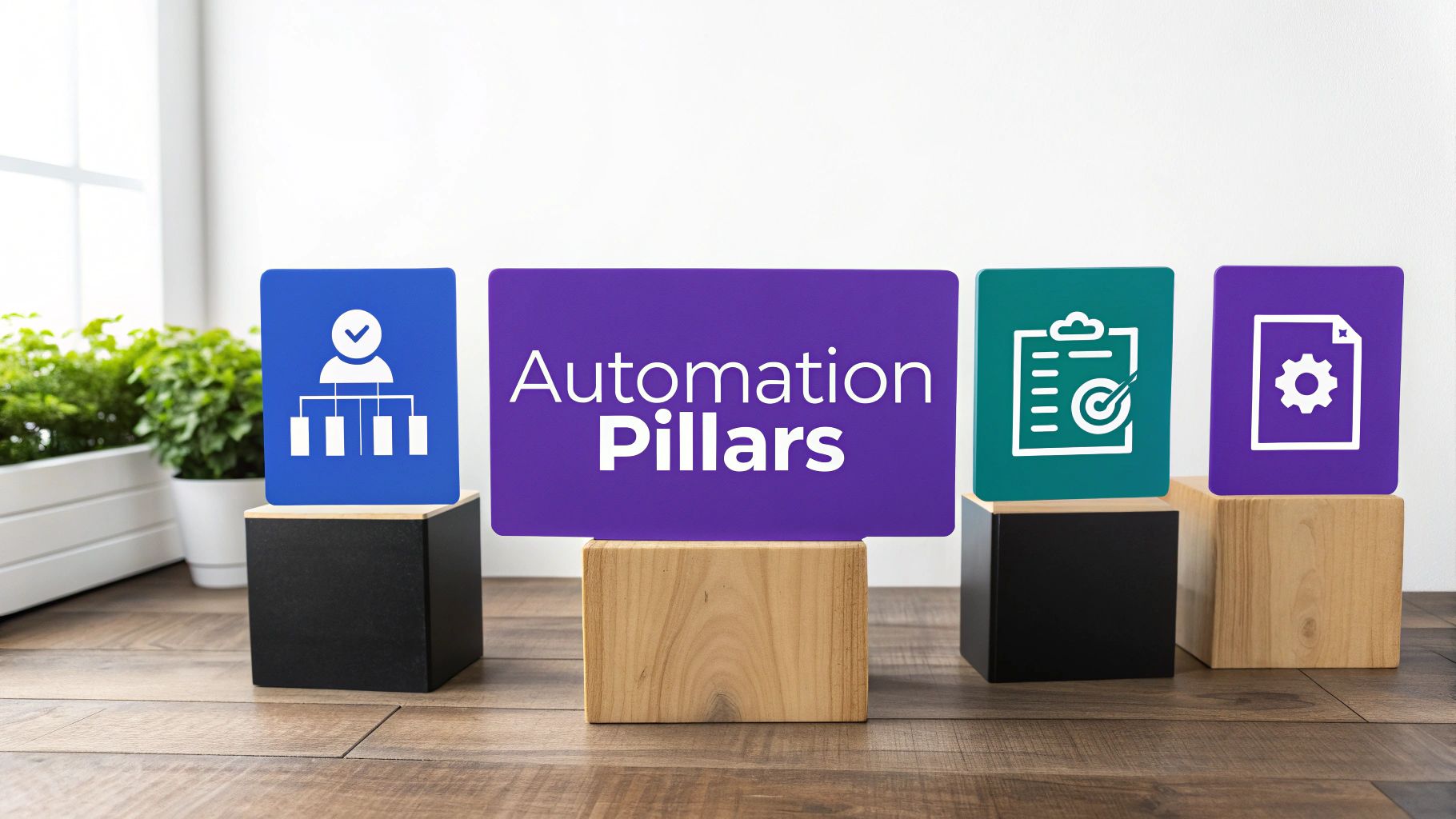 An abstract graphic representing the four pillars of sales automation, with icons for lead management, communication, admin tasks, and analytics.
