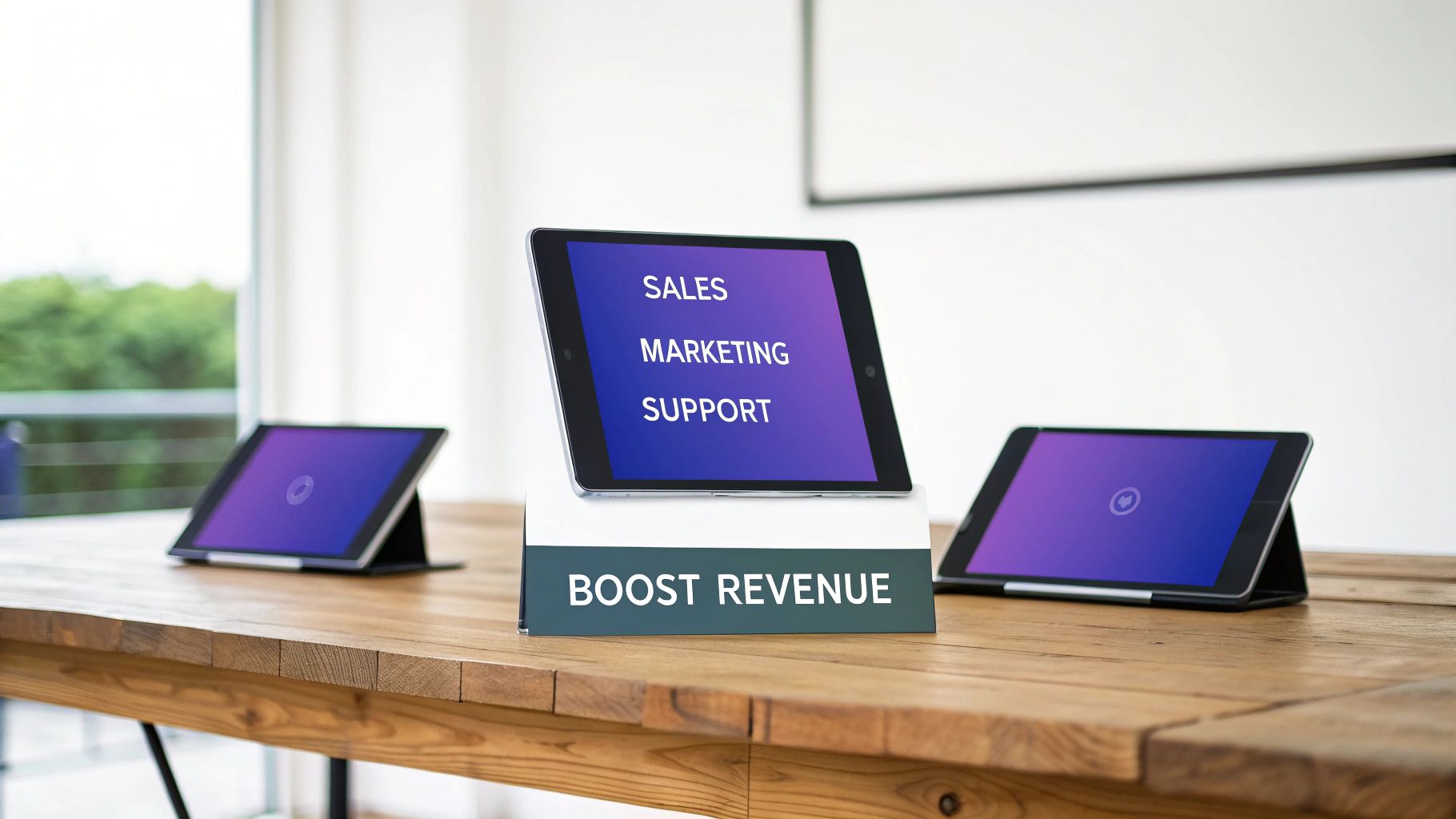 A smiling customer service agent working on a laptop with charts and graphs in the background.