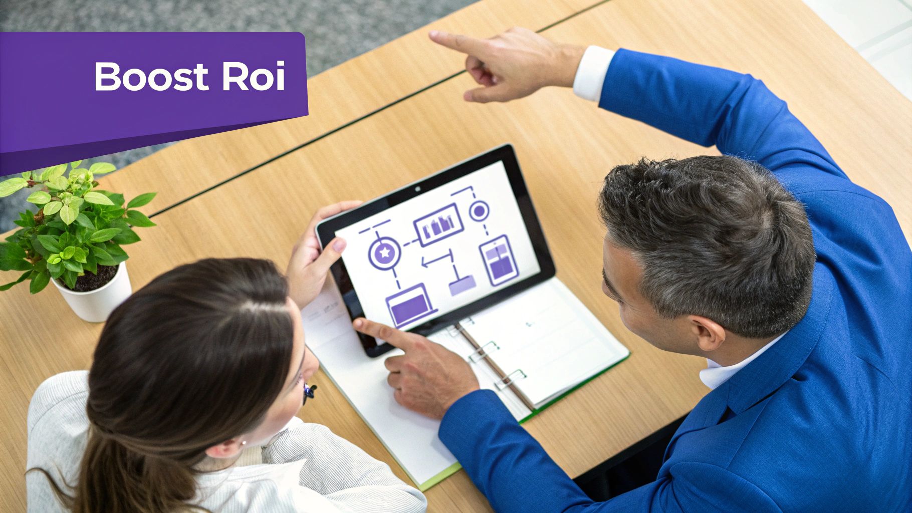 A team collaborating around a table with charts and graphs, representing strategic planning.