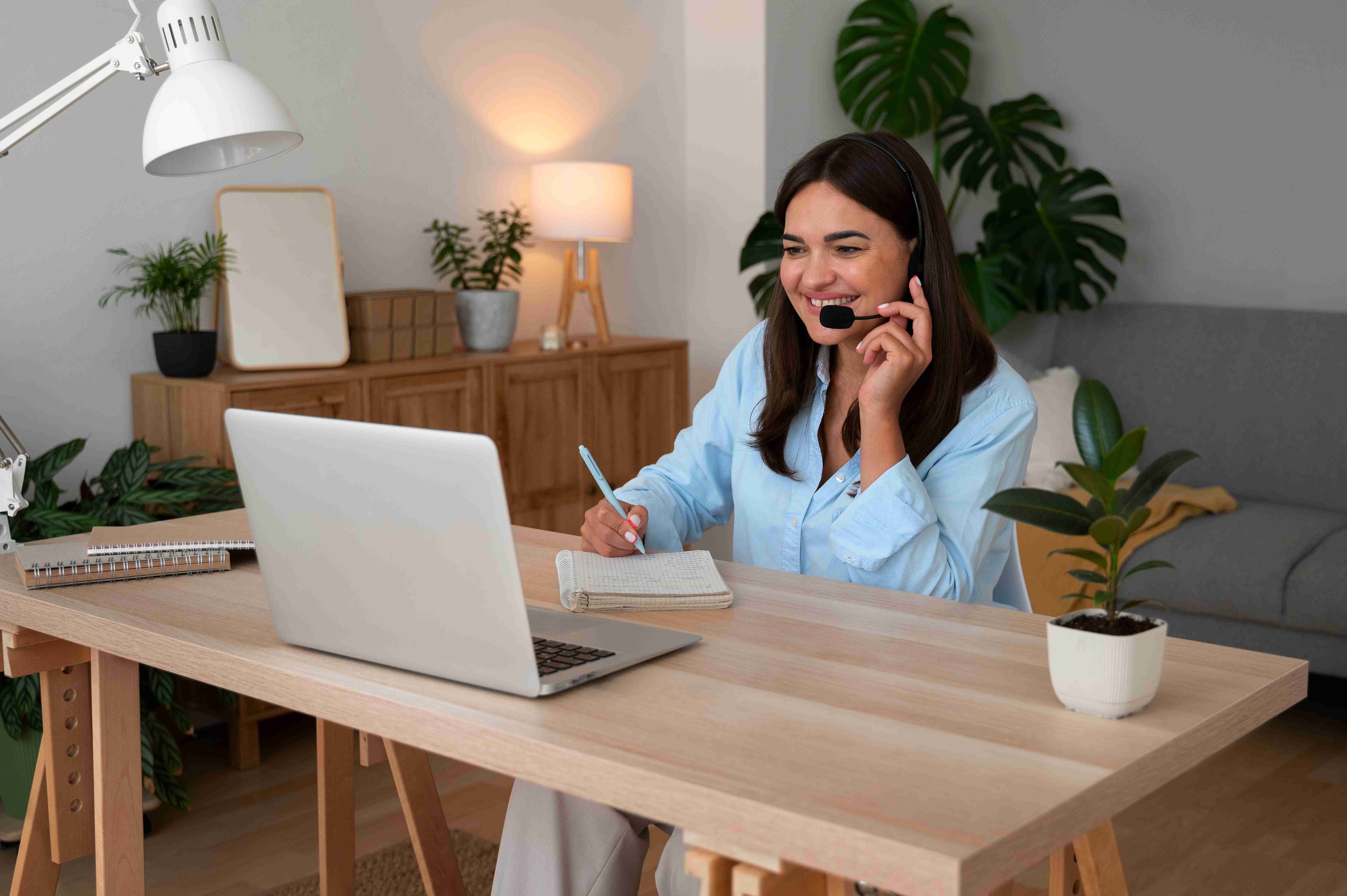 Woman working from home, wearing headset and taking notes